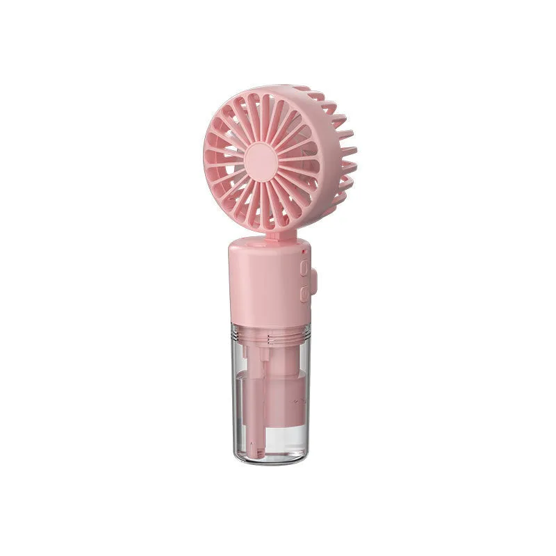 Handheld portable mist fan showing transparent water tank and multiple colour options