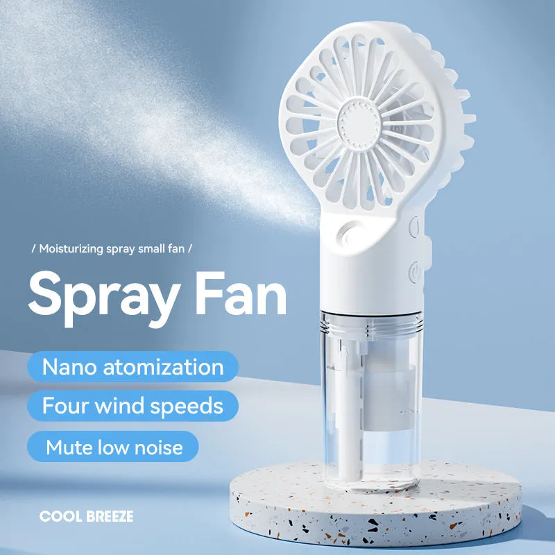 Handheld portable mist fan showing transparent water tank and multiple colour options