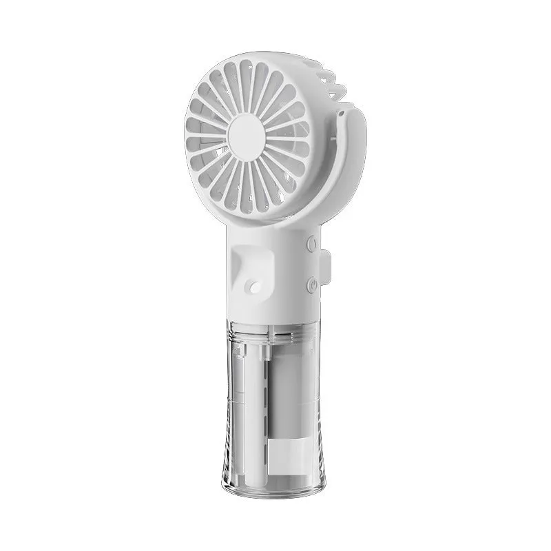 Handheld portable mist fan showing transparent water tank and multiple colour options