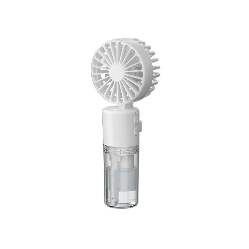 Handheld portable mist fan showing transparent water tank and multiple colour options