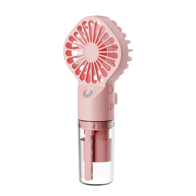 Handheld portable mist fan showing transparent water tank and multiple colour options