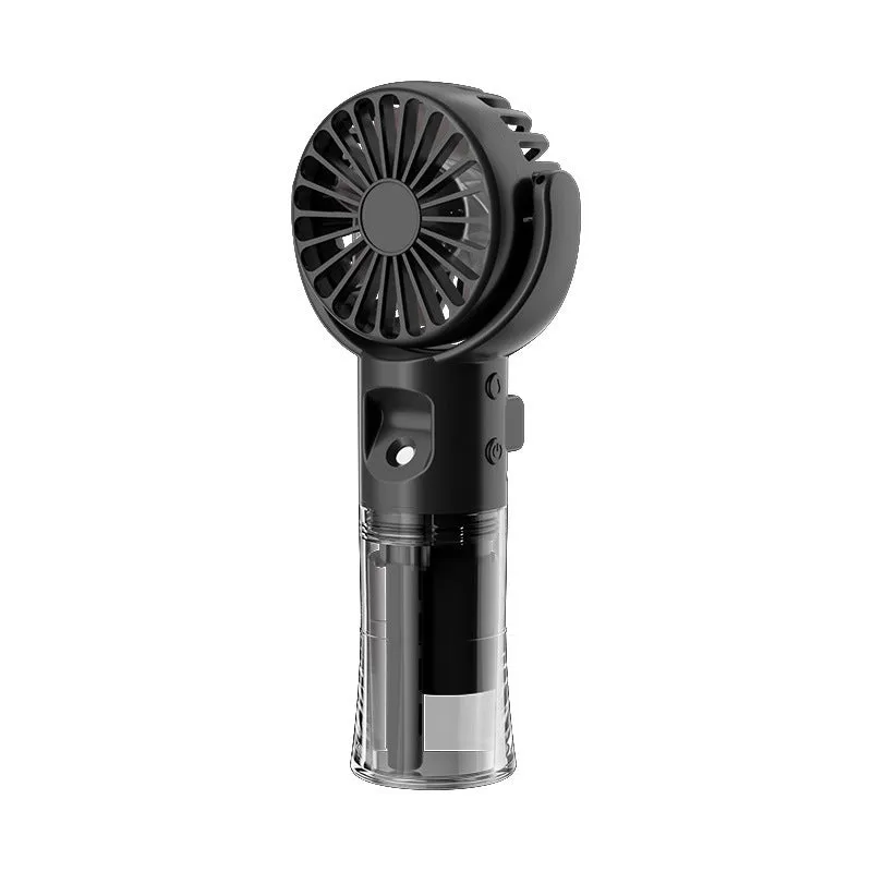 Handheld portable mist fan showing transparent water tank and multiple colour options