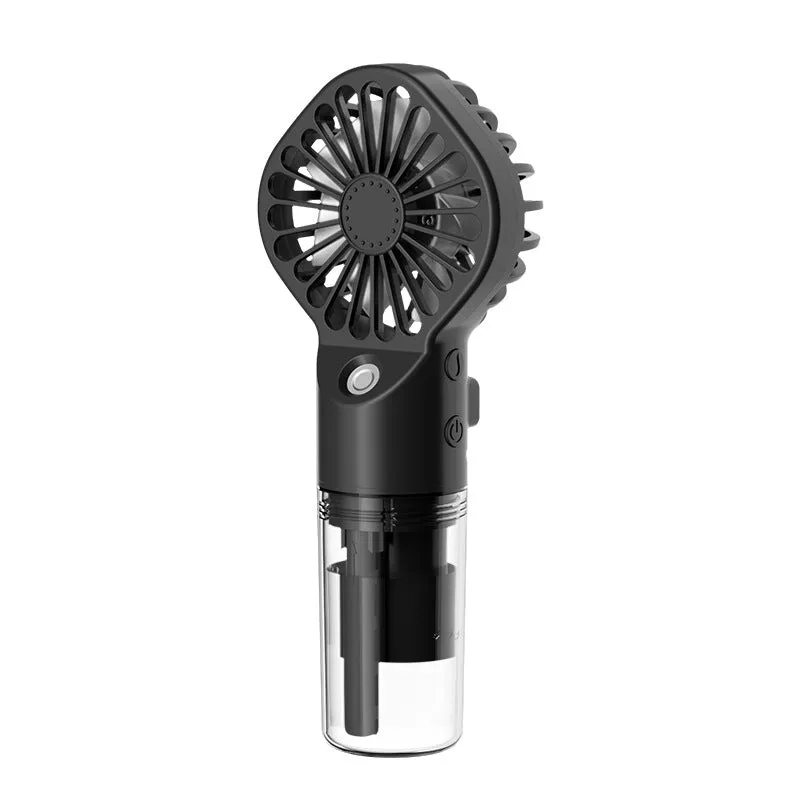 Handheld portable mist fan showing transparent water tank and multiple colour options