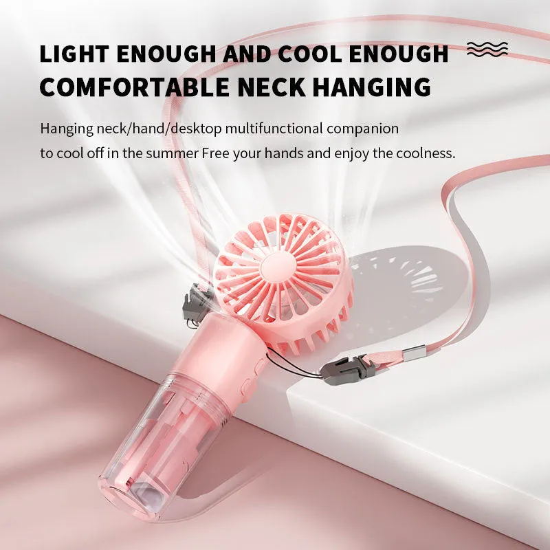 Handheld portable mist fan showing transparent water tank and multiple colour options