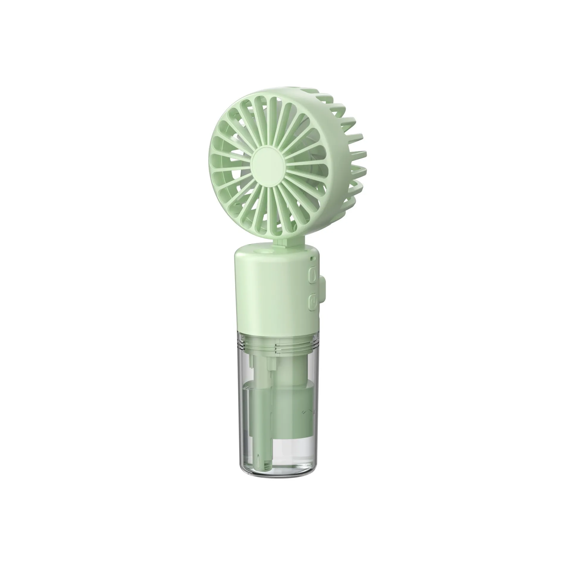 Handheld portable mist fan showing transparent water tank and multiple colour options