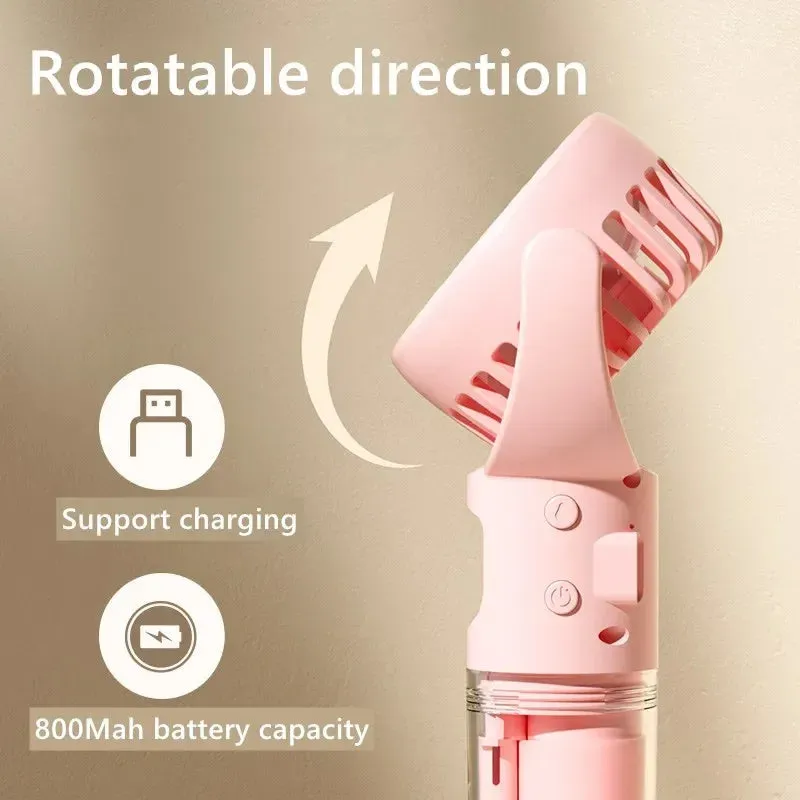 Handheld portable mist fan showing transparent water tank and multiple colour options