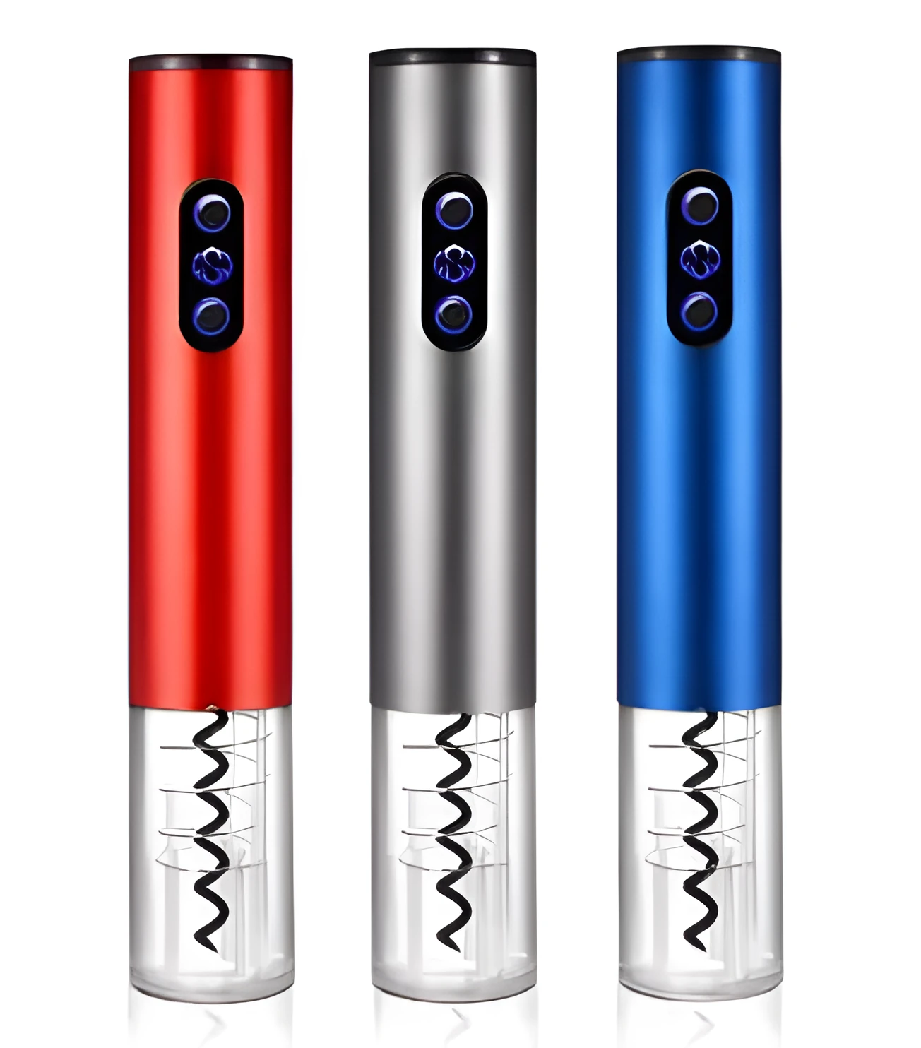 Silver automatic electric wine bottle opener with integrated foil cutter.