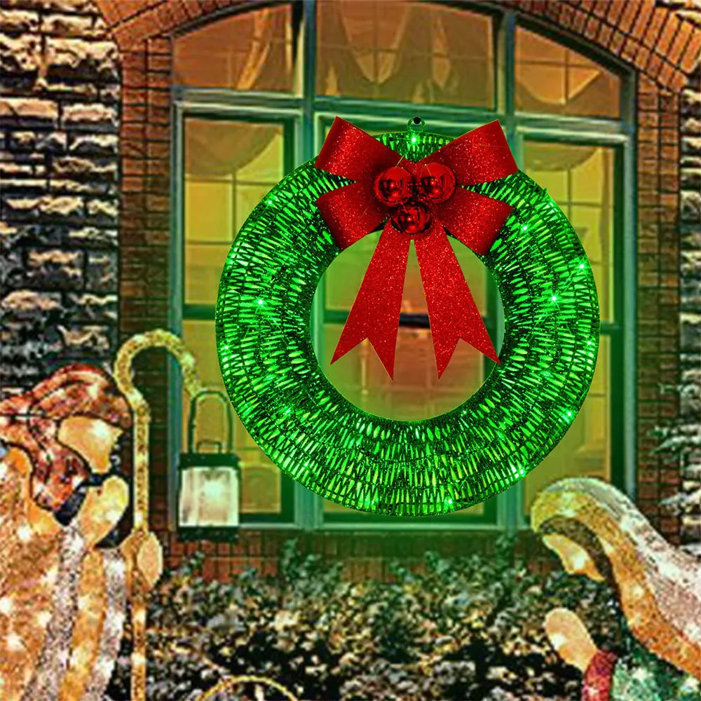 50cm gold and green Christmas garland with LED lights and bowknot on a door
