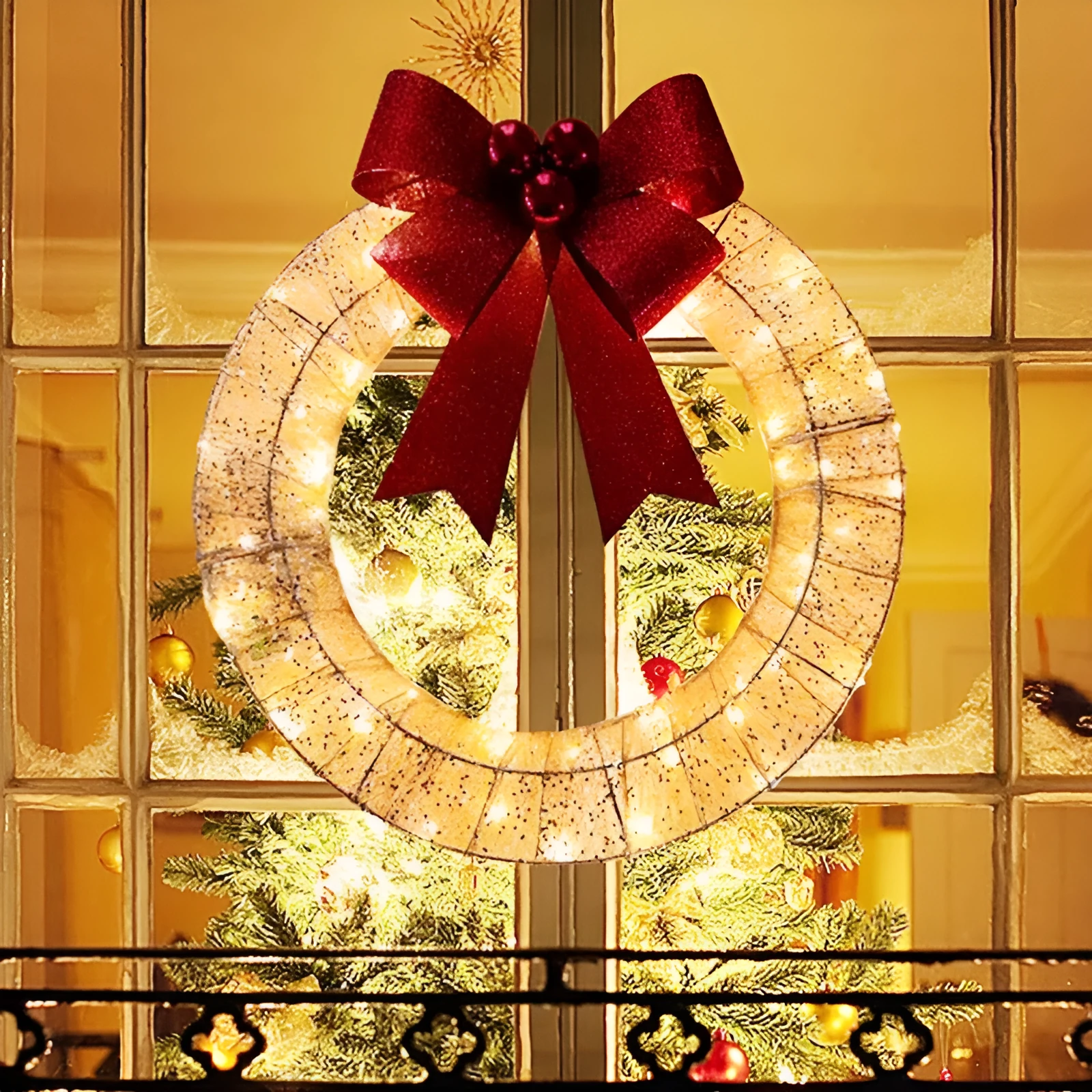 50cm gold and green Christmas garland with LED lights and bowknot on a door