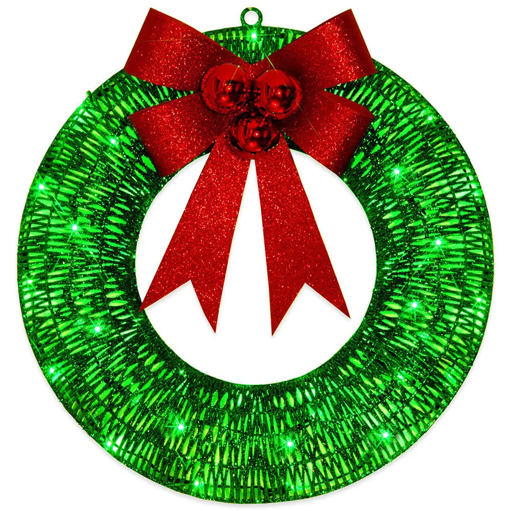 50cm gold and green Christmas garland with LED lights and bowknot on a door