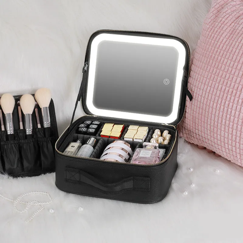 Smart LED cosmetic case with mirror, 12-inch PU leather, white, opened to show large compartment and brush board