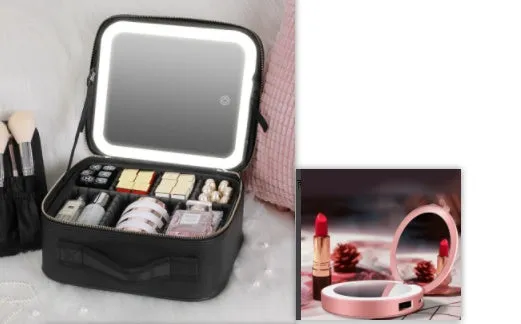 Smart LED cosmetic case with mirror, 12-inch PU leather, white, opened to show large compartment and brush board