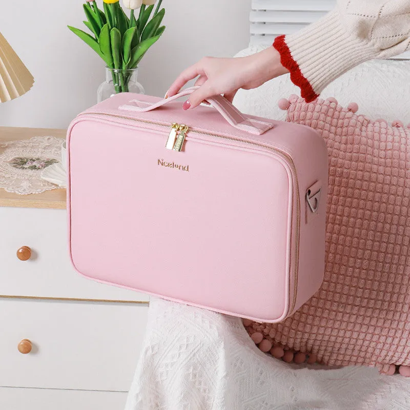 Smart LED cosmetic case with mirror, 12-inch PU leather, white, opened to show large compartment and brush board