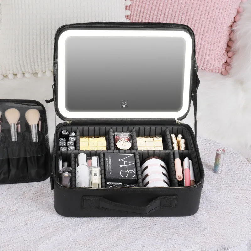 Smart LED cosmetic case with mirror, 12-inch PU leather, white, opened to show large compartment and brush board