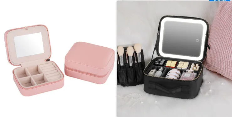 Smart LED cosmetic case with mirror, 12-inch PU leather, white, opened to show large compartment and brush board