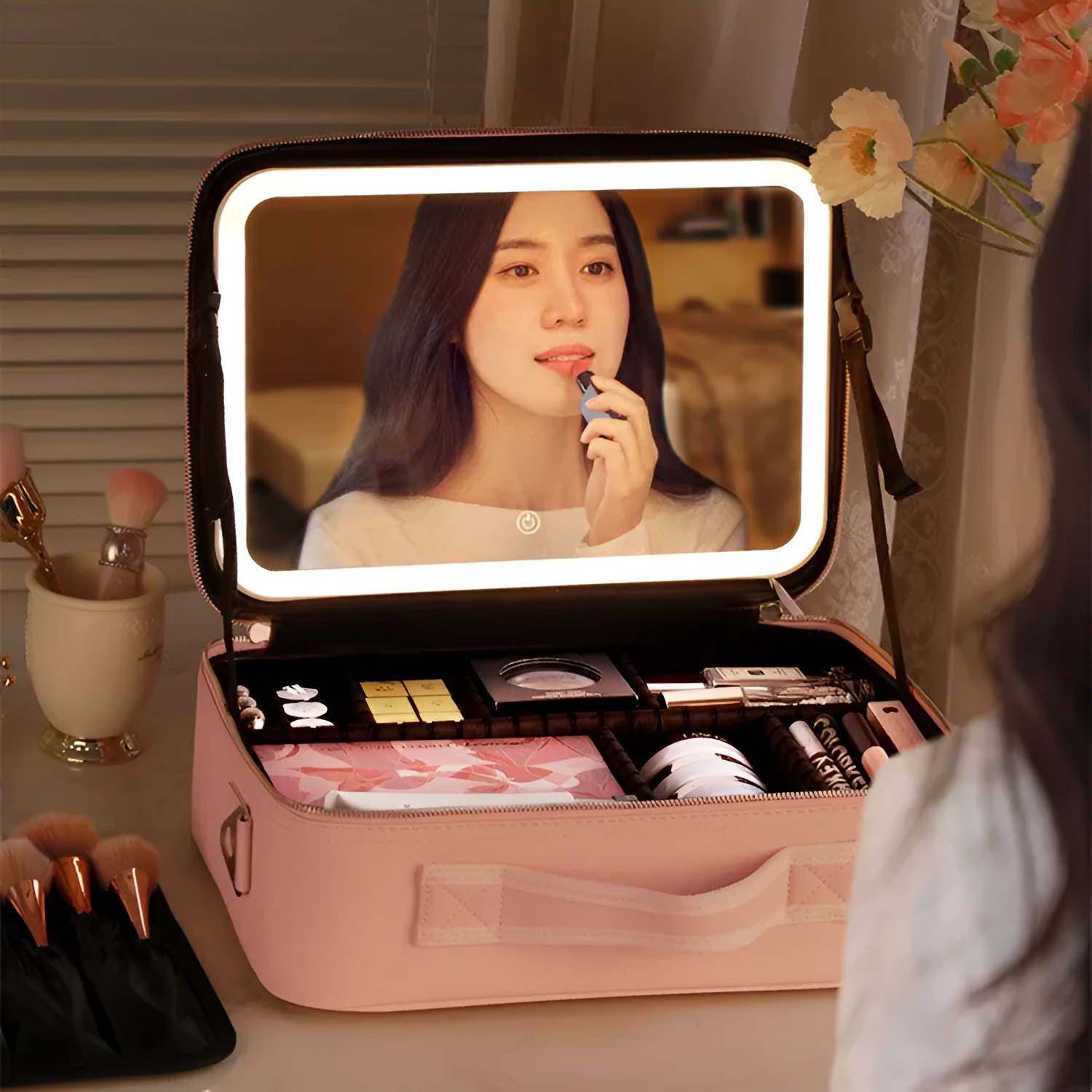 Smart LED cosmetic case with mirror, 12-inch PU leather, white, opened to show large compartment and brush board
