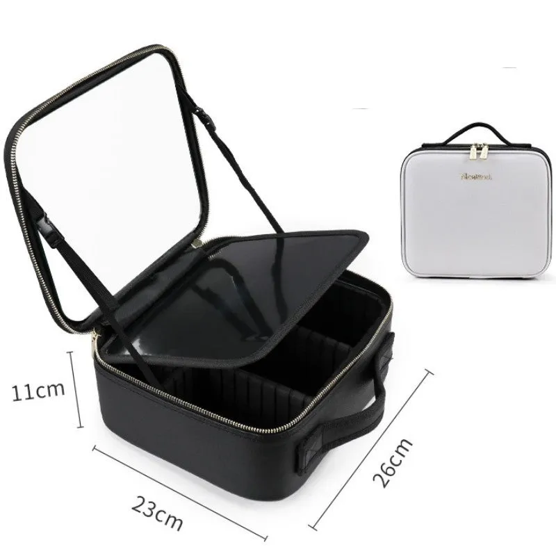 Smart LED cosmetic case with mirror, 12-inch PU leather, white, opened to show large compartment and brush board
