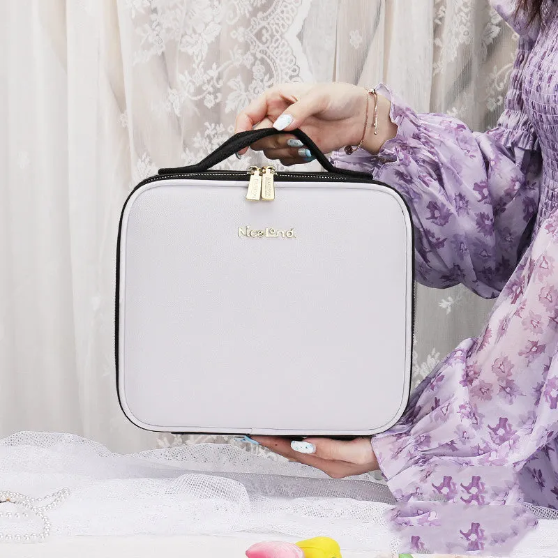 Smart LED cosmetic case with mirror, 12-inch PU leather, white, opened to show large compartment and brush board