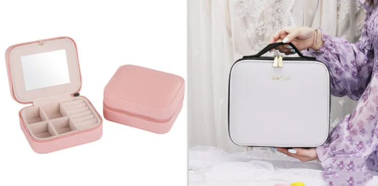 Smart LED cosmetic case with mirror, 12-inch PU leather, white, opened to show large compartment and brush board