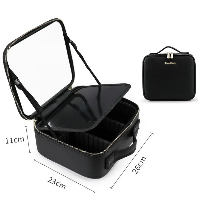 Smart LED cosmetic case with mirror, 12-inch PU leather, white, opened to show large compartment and brush board