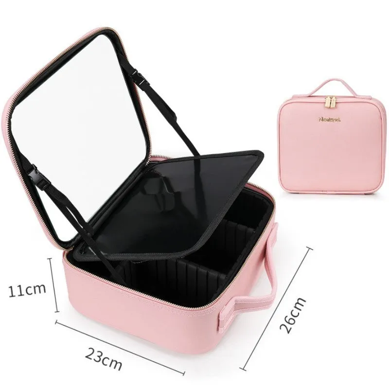 Smart LED cosmetic case with mirror, 12-inch PU leather, white, opened to show large compartment and brush board