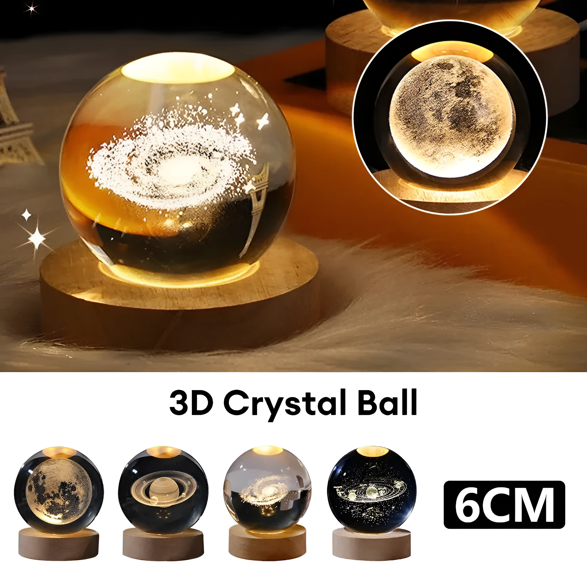 6cm crystal ball night light projecting starry sky patterns with detailed planetary carvings