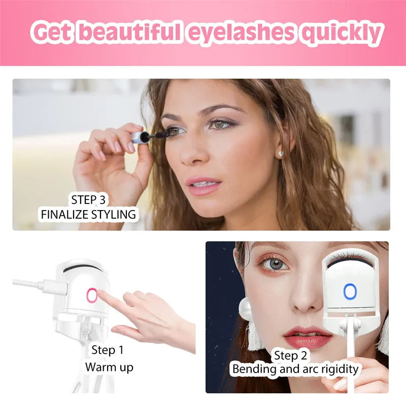 White and pink USB rechargeable heated eyelash curler with curved silicone pad.