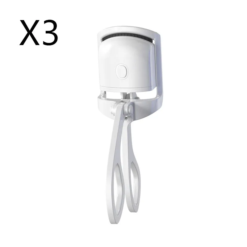 White and pink USB rechargeable heated eyelash curler with curved silicone pad.