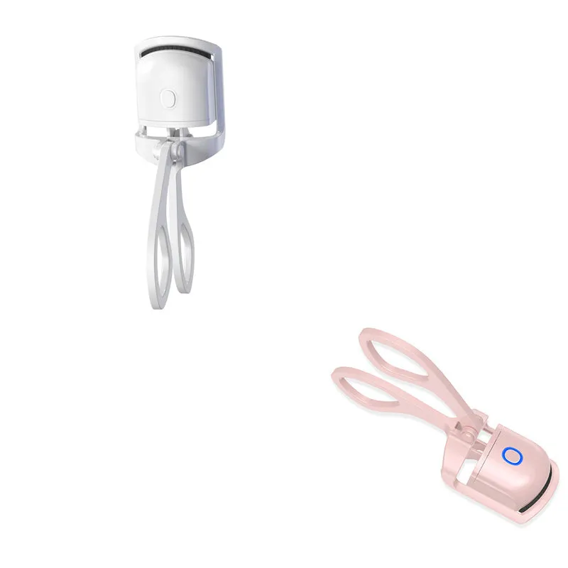 White and pink USB rechargeable heated eyelash curler with curved silicone pad.