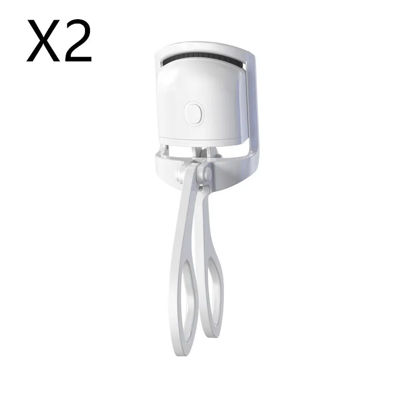 White and pink USB rechargeable heated eyelash curler with curved silicone pad.