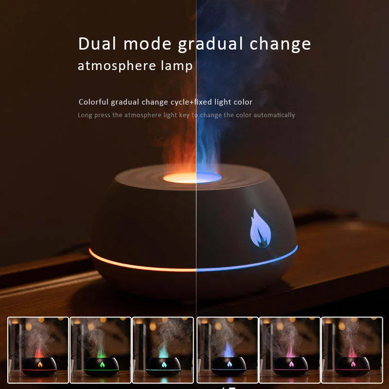 Black flame humidifier aroma diffuser with 130ml tank, 7 colour lights, and USB power on a wooden table