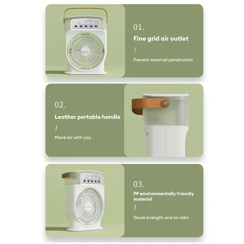 Portable USB air conditioner cooling fan with 5 spray mist outlet, 600ml water tank, 7 colour LED lights, and leather handle in white