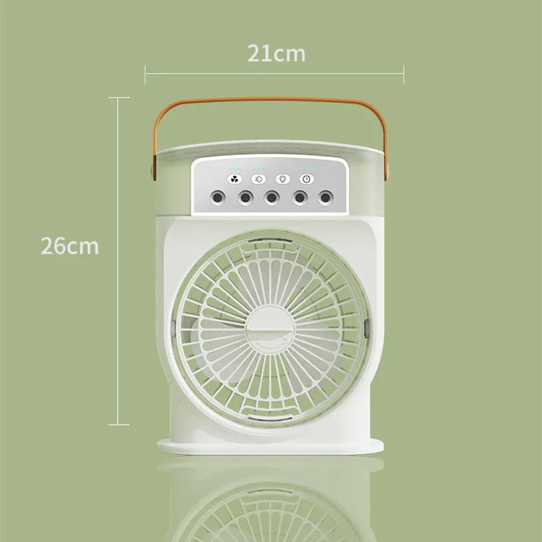Portable USB air conditioner cooling fan with 5 spray mist outlet, 600ml water tank, 7 colour LED lights, and leather handle in white