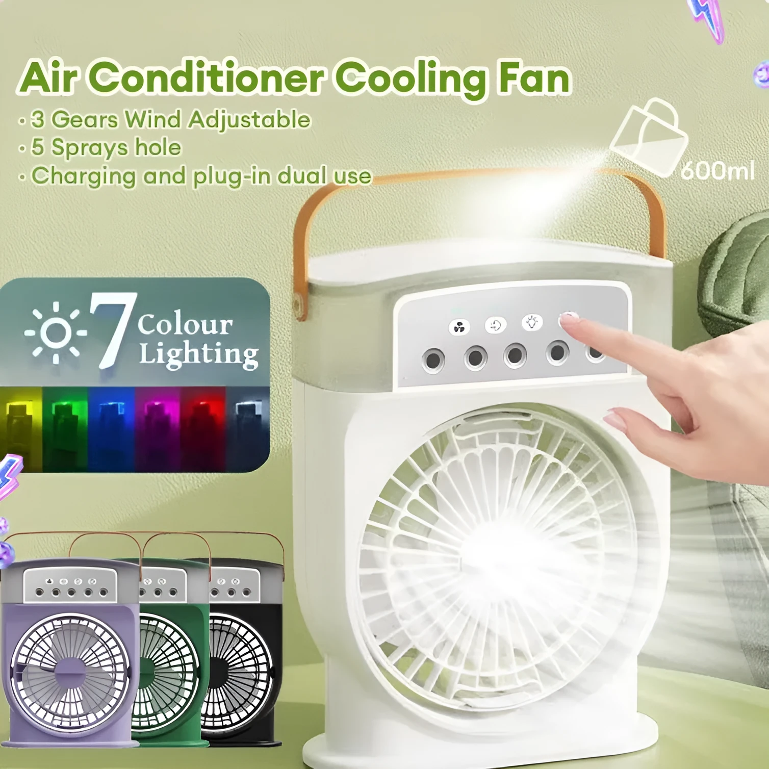 Portable USB air conditioner cooling fan with 5 spray mist outlet, 600ml water tank, 7 colour LED lights, and leather handle in white