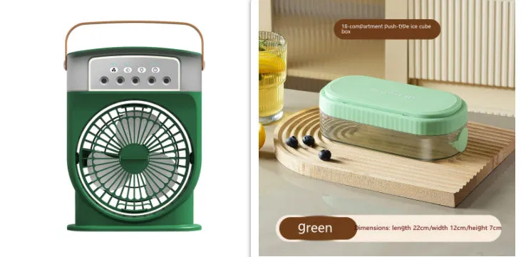 Portable USB air conditioner cooling fan with 5 spray mist outlet, 600ml water tank, 7 colour LED lights, and leather handle in white