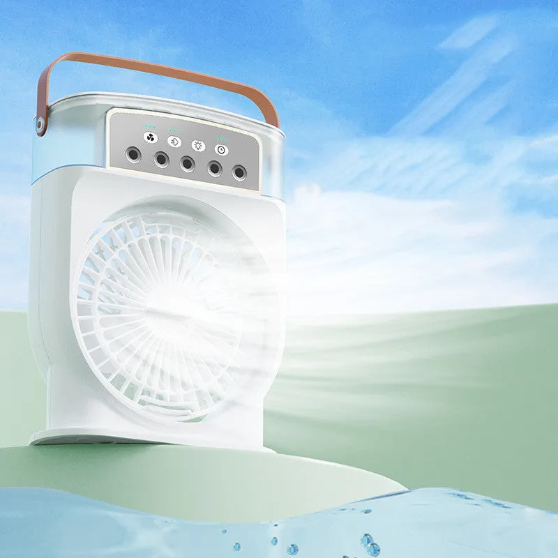 Portable USB air conditioner cooling fan with 5 spray mist outlet, 600ml water tank, 7 colour LED lights, and leather handle in white