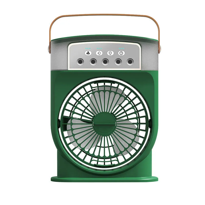 Portable USB air conditioner cooling fan with 5 spray mist outlet, 600ml water tank, 7 colour LED lights, and leather handle in white