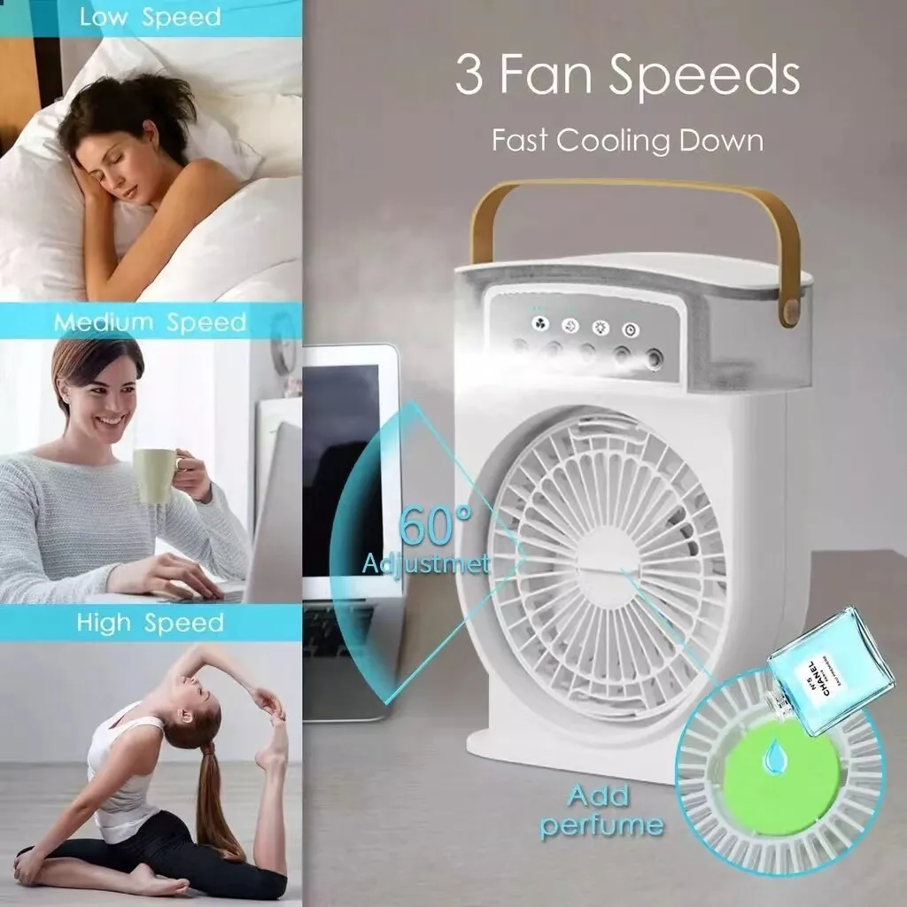 Portable USB air conditioner cooling fan with 5 spray mist outlet, 600ml water tank, 7 colour LED lights, and leather handle in white
