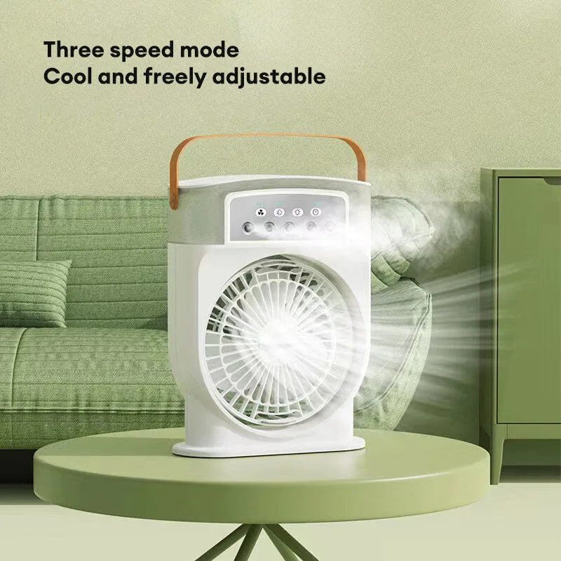 Portable USB air conditioner cooling fan with 5 spray mist outlet, 600ml water tank, 7 colour LED lights, and leather handle in white