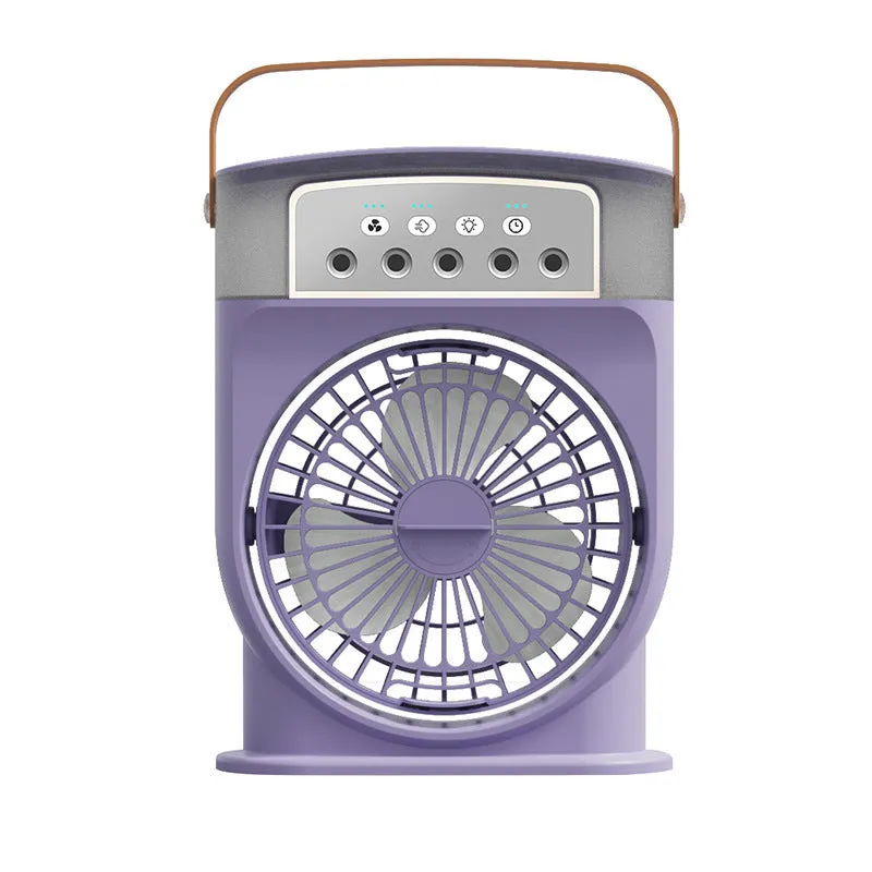 Portable USB air conditioner cooling fan with 5 spray mist outlet, 600ml water tank, 7 colour LED lights, and leather handle in white