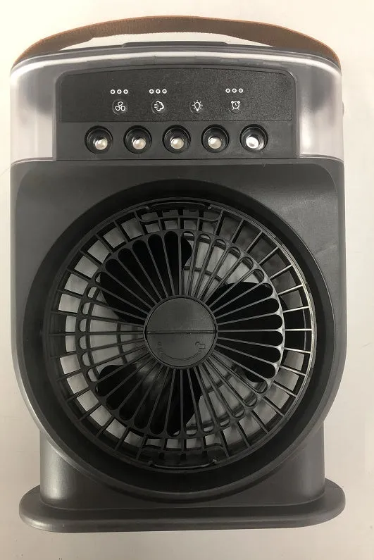 Portable USB air conditioner cooling fan with 5 spray mist outlet, 600ml water tank, 7 colour LED lights, and leather handle in white