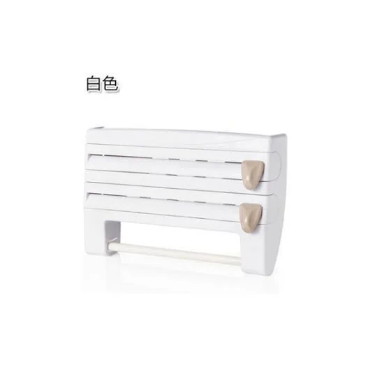 4-in-1 wall-mounted ABS kitchen roll holder dispenser for cling film, foil, tissue and paper towels, 39x10x24cm, in white
