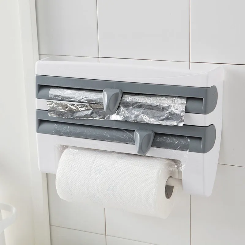 4-in-1 wall-mounted ABS kitchen roll holder dispenser for cling film, foil, tissue and paper towels, 39x10x24cm, in white