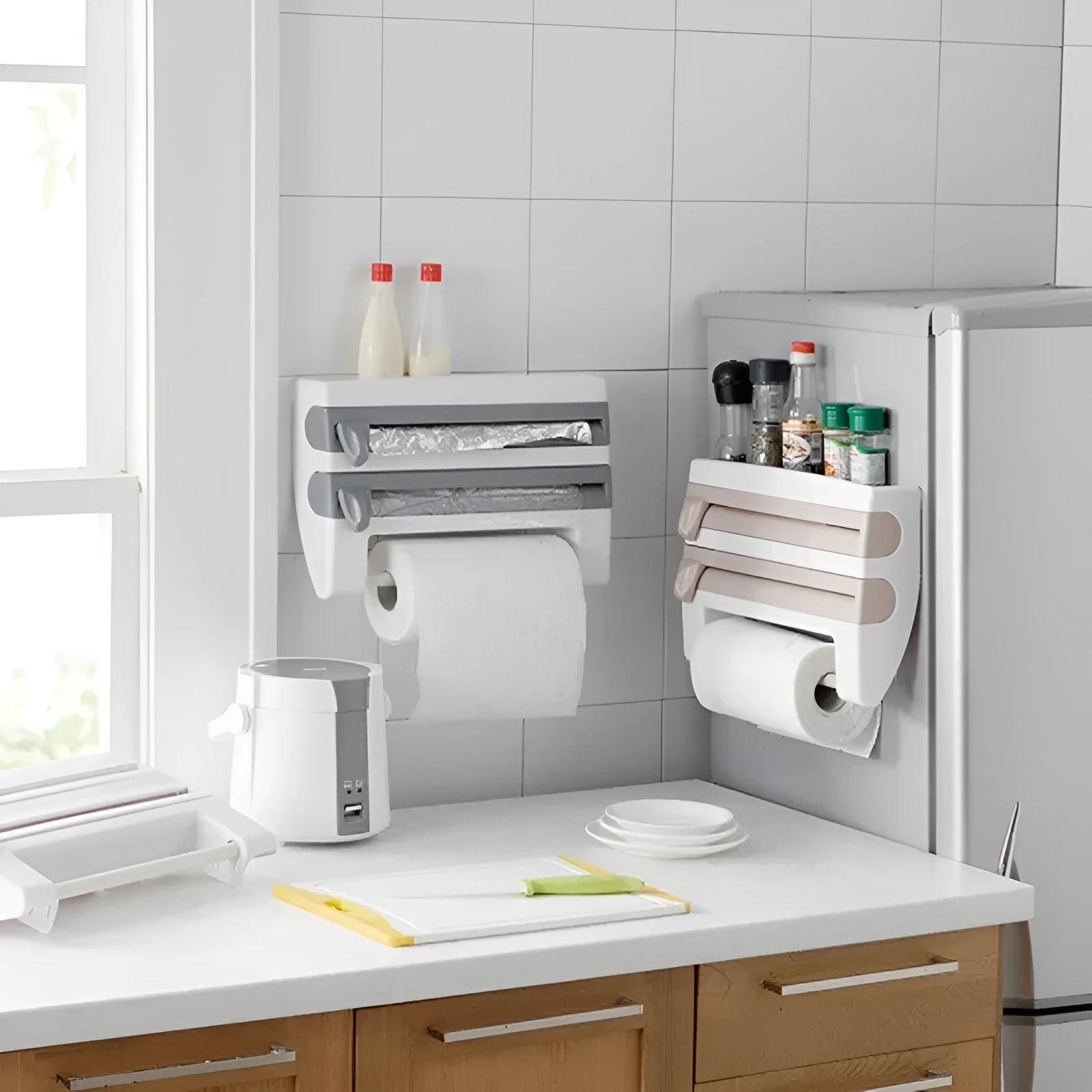 4-in-1 wall-mounted ABS kitchen roll holder dispenser for cling film, foil, tissue and paper towels, 39x10x24cm, in white