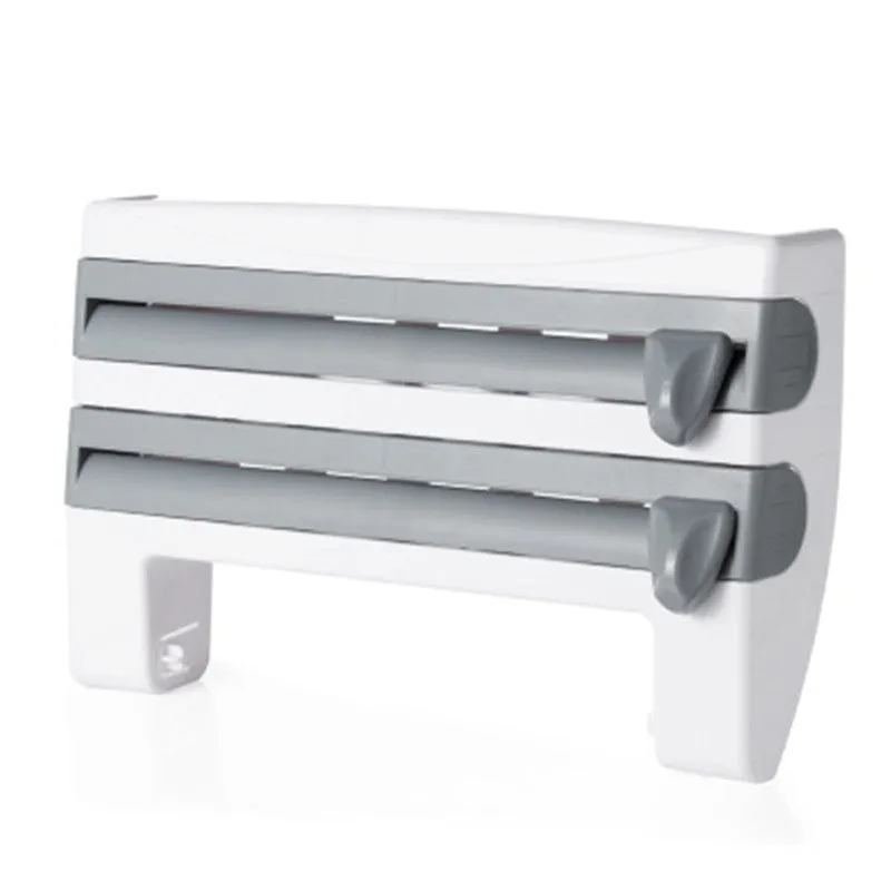 4-in-1 wall-mounted ABS kitchen roll holder dispenser for cling film, foil, tissue and paper towels, 39x10x24cm, in white