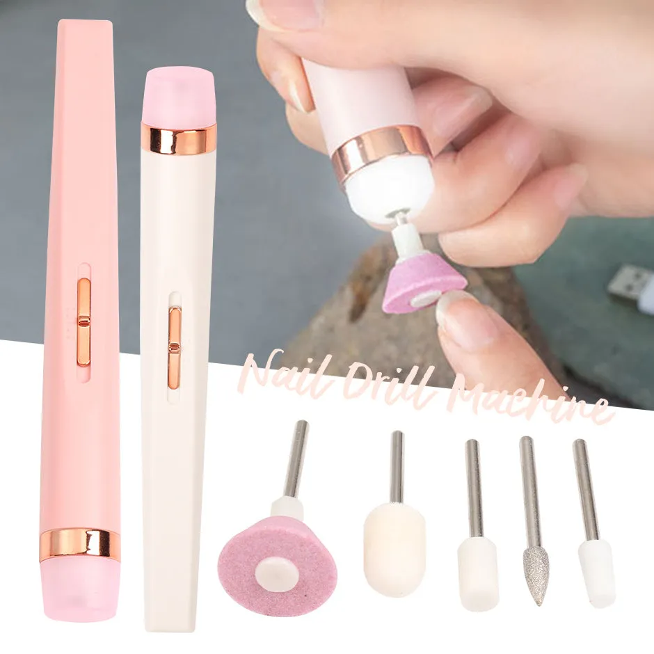 5in1 cordless rechargeable nail drill set with LED light, five abrasive heads, and USB cable on white background