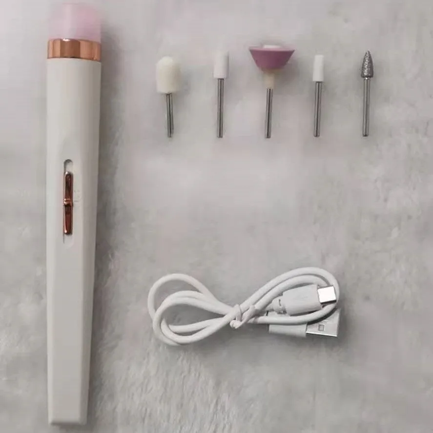 5in1 cordless rechargeable nail drill set with LED light, five abrasive heads, and USB cable on white background