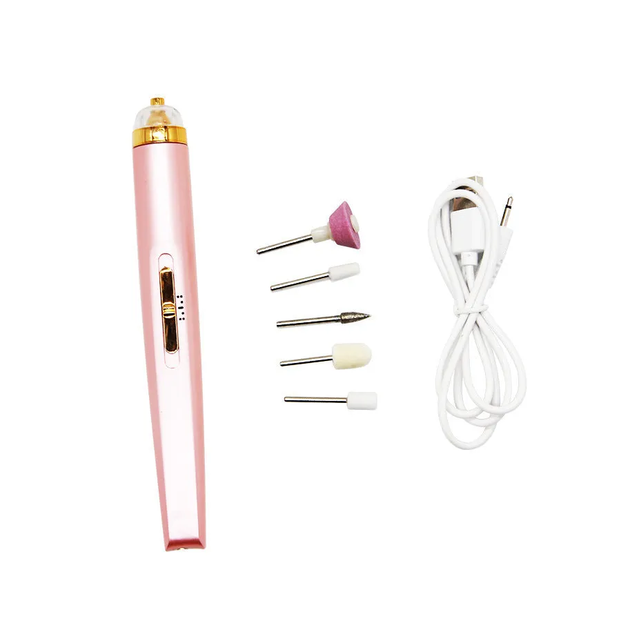 5in1 cordless rechargeable nail drill set with LED light, five abrasive heads, and USB cable on white background