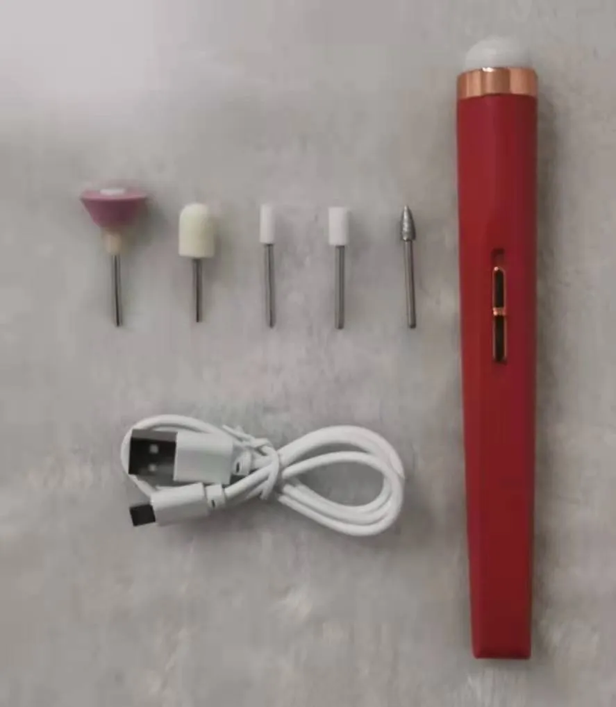 5in1 cordless rechargeable nail drill set with LED light, five abrasive heads, and USB cable on white background