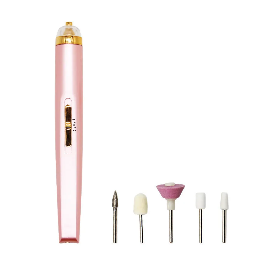 5in1 cordless rechargeable nail drill set with LED light, five abrasive heads, and USB cable on white background
